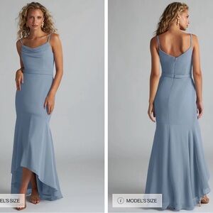 AZAZIE SUMMER
Dusty Blue Mermaid Scoop Cowl Chiffon Dress High Low Blue Dress